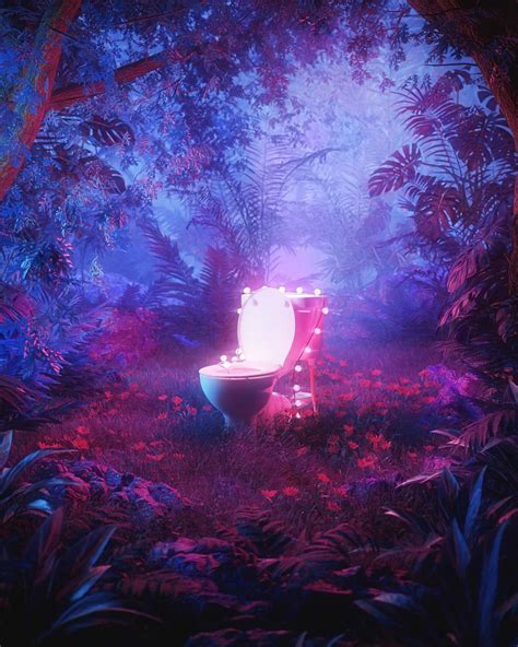 a toilet sitting in the middle of a forest filled with purple and blue foliages