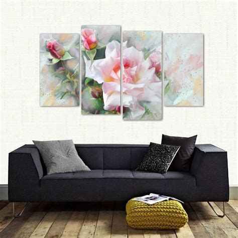 Quadro Flor Rosa Branca Sala Quarto Em Tecido 4 Peças 1 | Elo7