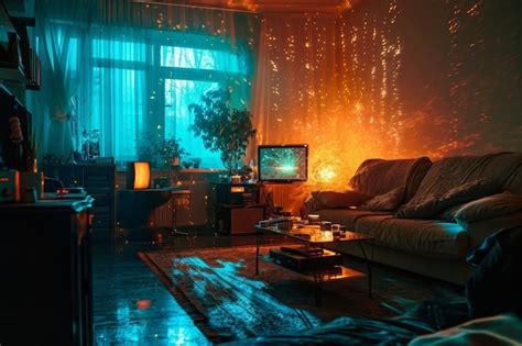 Premium Photo | A living room with holographic entertainment system AI generated