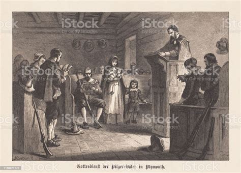 Worship Of The Pilgrim Fathers In Plymouth Colony In 1620 Stock ...