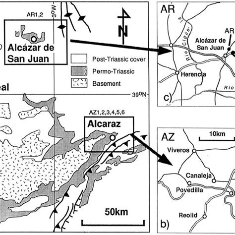 a) Geological sketch map showing the locations of the Alcaraz (AZ) and ...