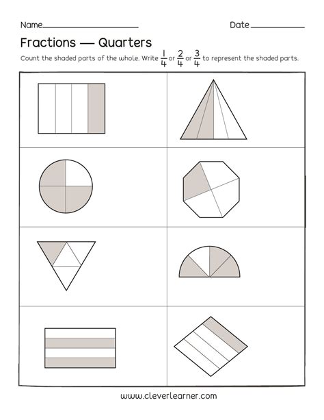 Fun activity on fractions, Fourths worksheets for children