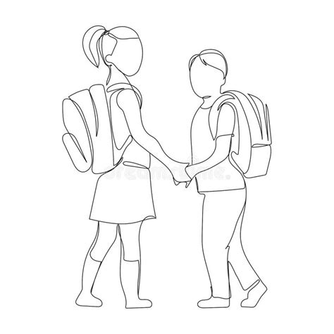 Children Going To School with Backpacks Continuous Line Drawing, Vector ...