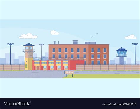 Prison building surrounded high fence exterior Vector Image