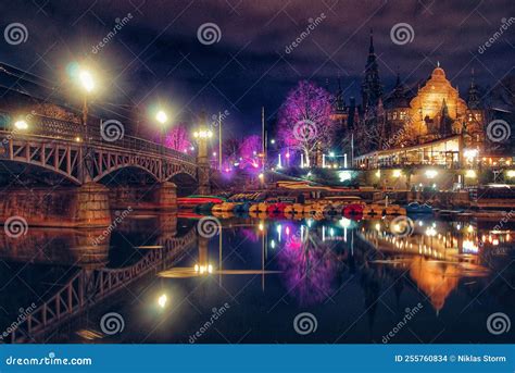 Old Illuminated Bridge at Night Stock Photo - Image of skyline ...