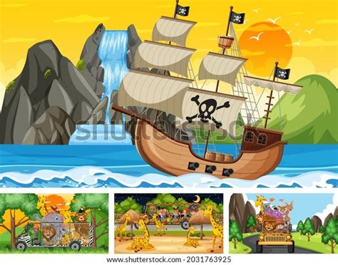 Set Different Scenes Pirate Ship Sea Stock Vector (Royalty Free ...