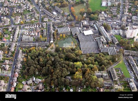 Aerial view of Sunny Bank Mills in Farsley, Leeds, West Yorkshire. Home to 'The Great British ...