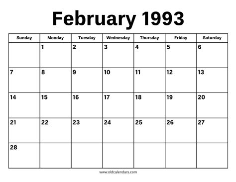 February 1993 Calendar – Printable Old Calendars