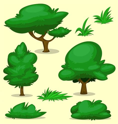 Cartoon isolated tree bush grass drawing template set Vector | Premium Download