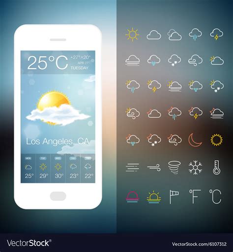 Mobile weather application screen with icon set Vector Image