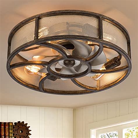 Caged Farmhouse Ceiling Fan With Light, 20” Low Profile Bladeless Ceiling fan With Remote ...