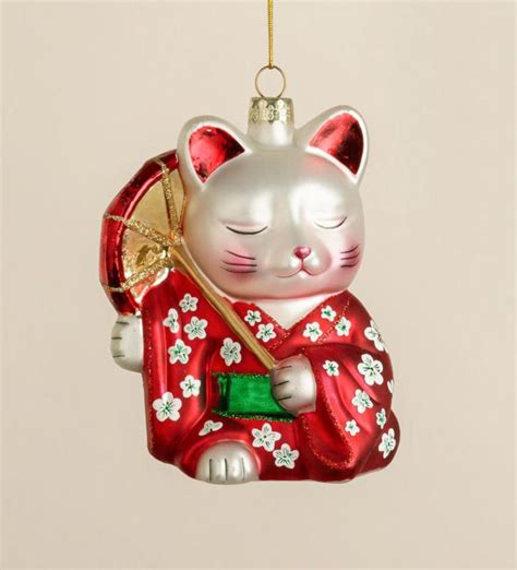 Maneki Neko cat Japanese geisha Christmas ornament blown glass - red ...