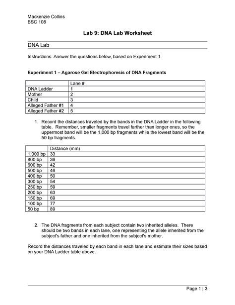 Lab 9 DNA Worksheet - Lab - Mackenzie Collins BSC 108 Lab 9: DNA Lab ...