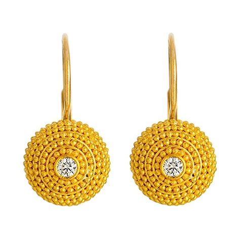 24K Gold Handcrafted Granulated Drop Earrings with Brilliant Cut Diamonds For Sale at 1stdibs