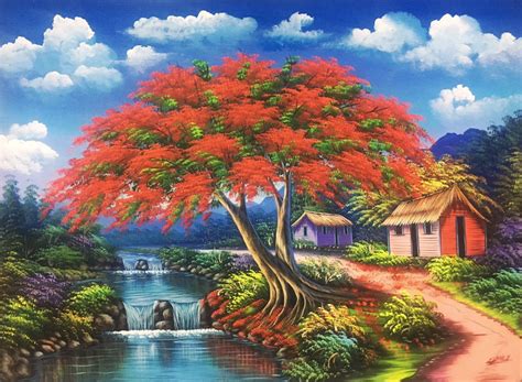 Flamboyant Tree Oil Painting Haitian Art Landscape Canvas - Etsy