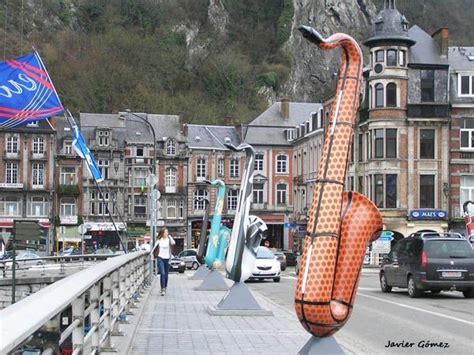 Dinant, Belgium, the saxophones on the Charles de Gaulle Bridge, just ...