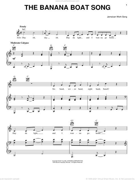 The Banana Boat Song (Day-O) sheet music for voice, piano or guitar