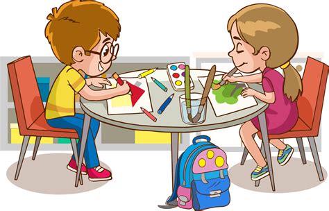 Boy and Girl sit in profile at the round table and draw picture with watercolor and pencils ...