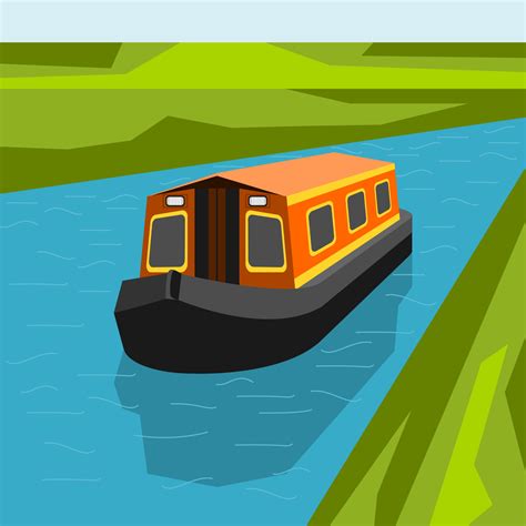 Editable Three-Quarter Top Front Side Oblique View Canal Boat on Calm Blue River Water Vector ...