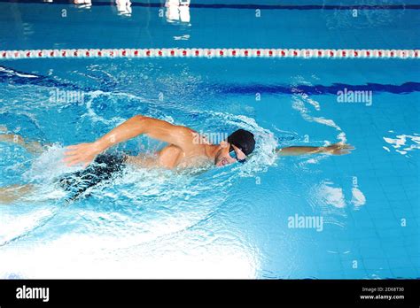 Man swimmer is swimming in the pool. Freestyle stroke, front crawl stroke. swimming in blue pool ...