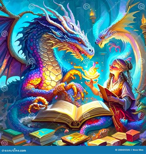 Colorful Fantasy Illustration of a Dragon Reading a Book on a Blue Background Generative AI ...