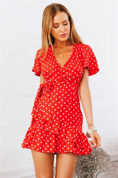 New beautiful red polka dot V neck short sleeve ruffle mini wrap summer dress | Wrap dress short ...