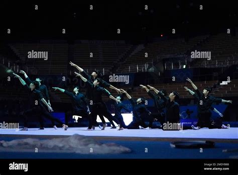 Male rhythmic gymnasts perform before the women's rhythmic gymnastics ...