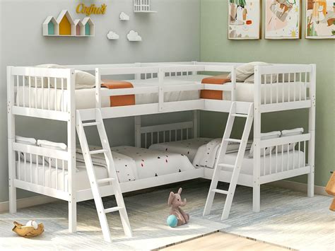 Bunk Beds Twin L-Shaped Bunk Bed, No Spring Box Needed, Solid Wood Bunk Beds Twin Over Full with ...