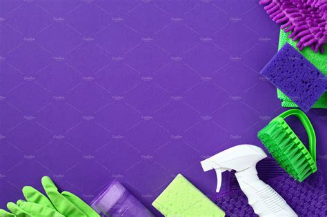 Cleaning products on purple background. House cleaning service and housekeeping | Business ...