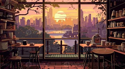 coffee shop with large windows looking out into the groove lofi world in 2024 | Cityscape ...