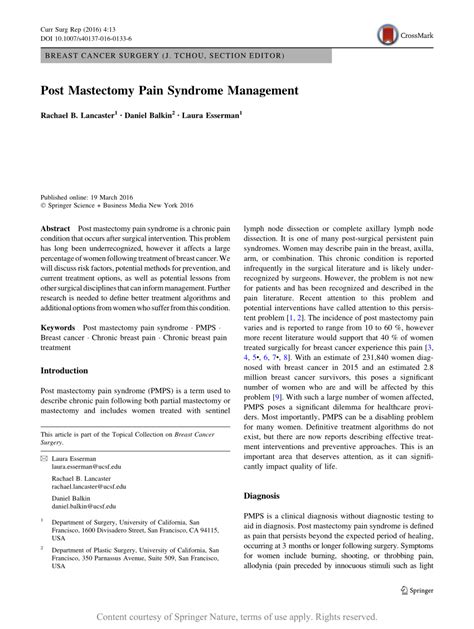 Post Mastectomy Pain Syndrome Management