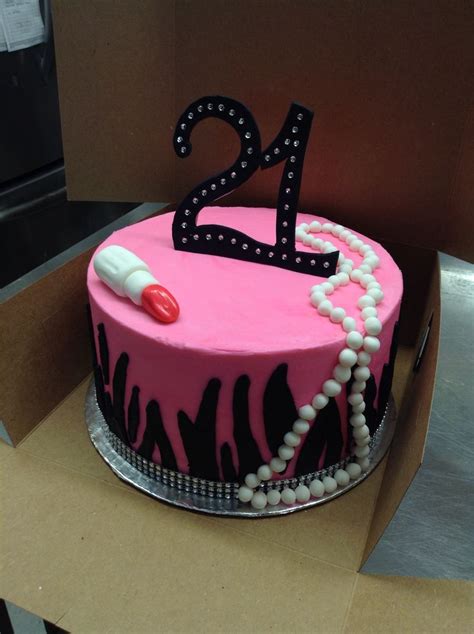 Girly twenty-first birthday cake. Rhinestones, lipstick, pearls, zebra ...