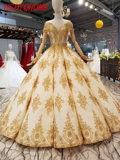 HSDYQHOME Amazing Gold Lace Wedding dress Ball Gown Bridal party Dresses Luxury Pearls Vestidos ...