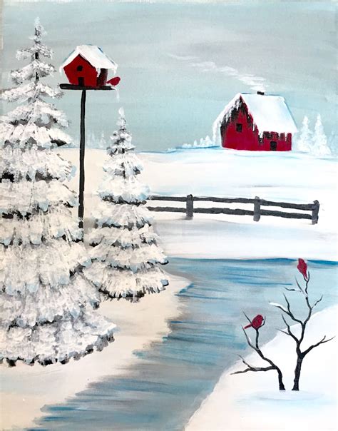 Cozy cabin in winter. Learn a couple of fun techniques with this fun painting with winter tre ...