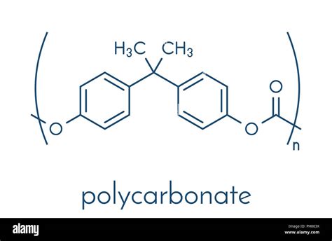 Polycarbonate (PC) plastic, chemical structure. Made from phosgene and bisphenol A. Skeletal ...