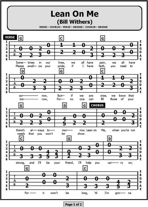 Guitar TAB Songs: Lean On Me | Guitar chords for songs, Guitar songs ...