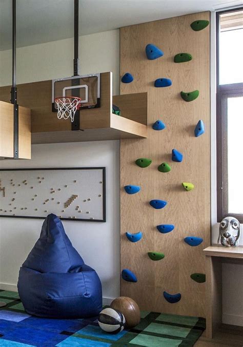 Modern Kids Bedroom with Loft Bed and Rock Climbing Wall