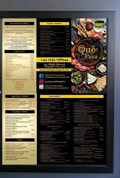 Menu at Que Pasa restaurant, Abingdon