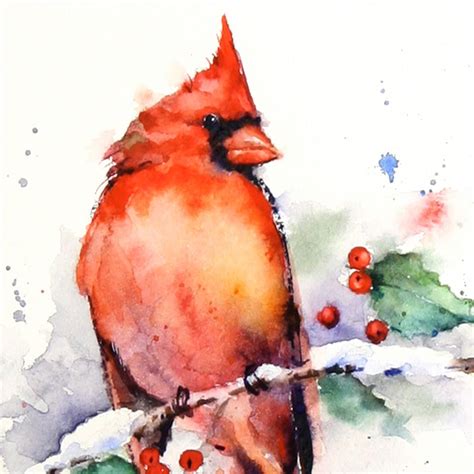 CARDINAL & Holly Watercolor Print Cardinal Painting Bird