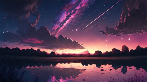 4k Sunset Anime Comet Stars Scenery Digital Art Free Download