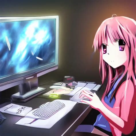 anime drawing of a gamer girl playing a game on her | Stable Diffusion