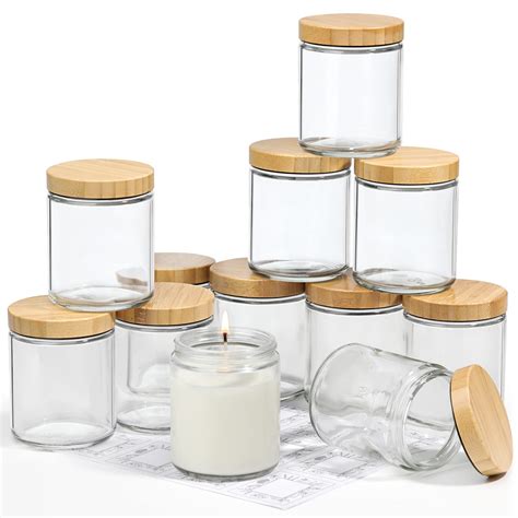 12 Pack, 8 OZ Thick Glass Candle Jars with Bamboo Lids, Bulk Clear ...