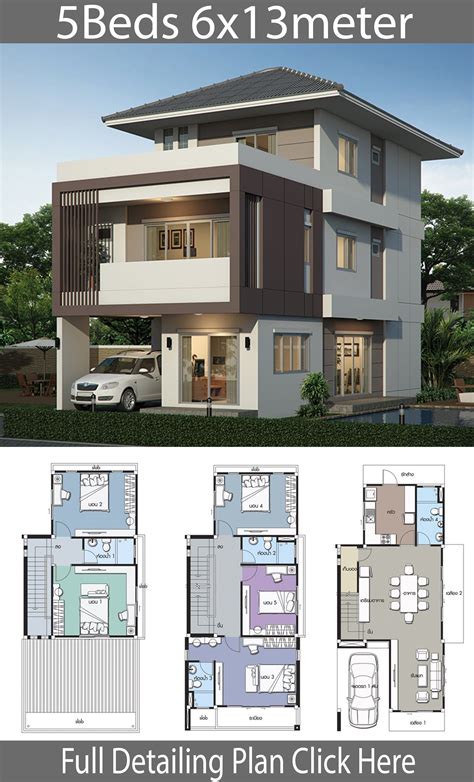 Home design plan 6x13m with 5 bedrooms. Style modernHouse description:Number of floors 3 storey ...