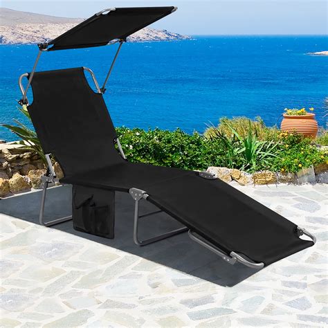 Costway Foldable Lounge Chair Outdoor Adjustable Beach Patio Pool Recliner W/Sun Shade Blue ...