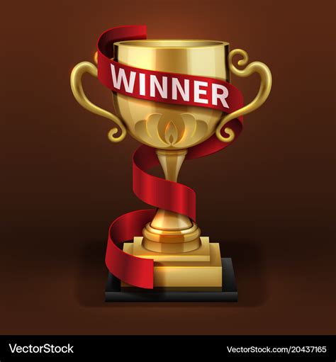 Champion golden trophy cup with red winner ribbon Vector Image