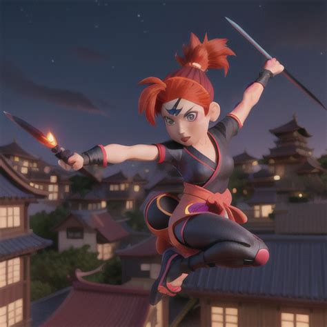 Anime Art, Determined ninja girl, energetic red hair in a high ponytail, hidden village rooftops ...
