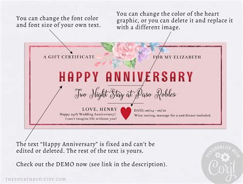 Happy Anniversary Gift Certificate Template / Editable Gift Voucher for Her / Printable Pink ...