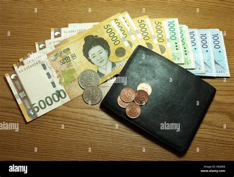 Currency of South Korean won banknotes and coins in different value. Won is the national ...