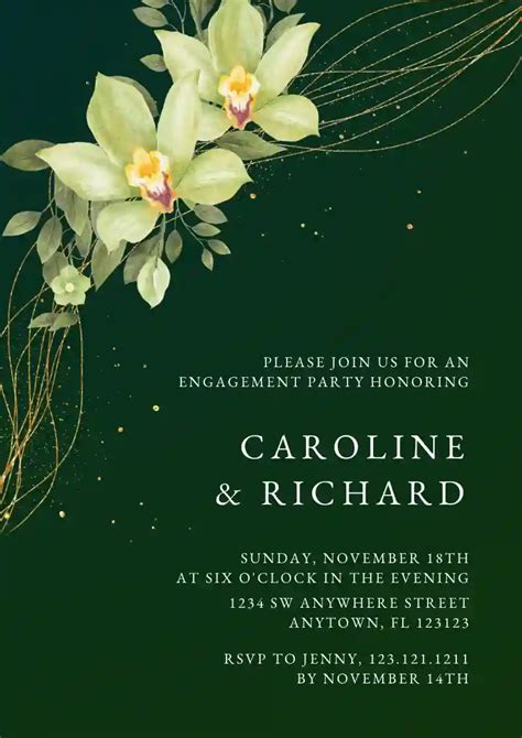 Green Flowers With Gold - Free Engagement Party Invitation Templates | Invitanku