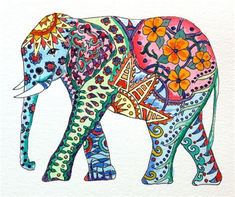 Original Watercolor Elephant with Colorful by HypnoticPeacock